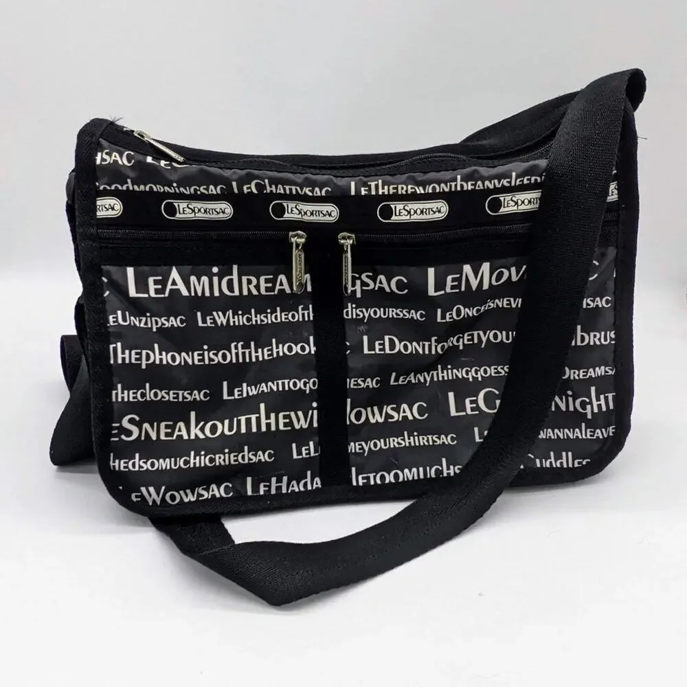 LeSportSac Black All Over Text Print Everyday Messenger Adjustable Crossbody Bag